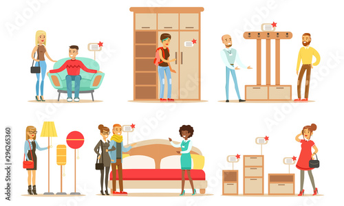 Collection of People Shopping for Furniture and Accessories at Store, Men and Women Choosing House Decor with Help of Professional Sellers Vector Illustration
