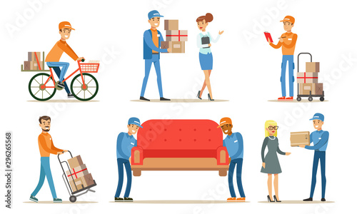 Delivery Service Workers Set, Couriers Characters Delivering Packages and Furniture to Clients Vector Illustration