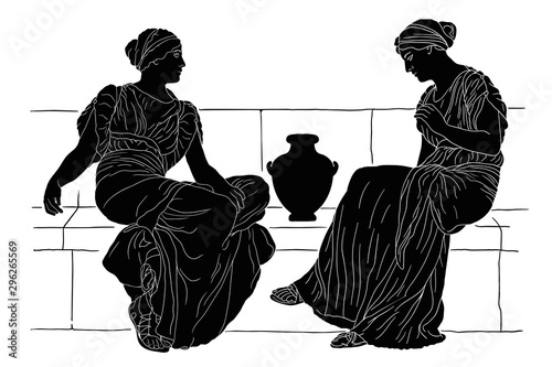 Two ancient Greek women sit on a stone parapet with a jug and communicate. Vector image isolated on white background.