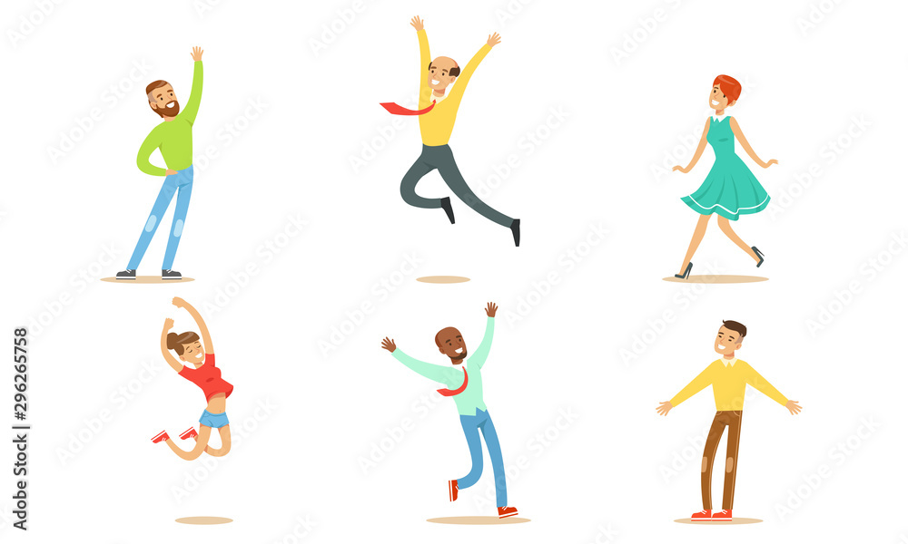 Fototapeta premium Happy People in Various Poses Set, Young Men and Women Rejoicing at an Important Event Vector Illustration