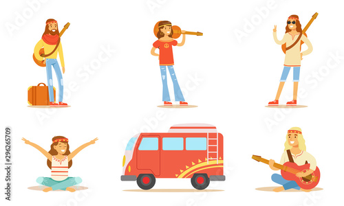 фотография Men and Women Hippie Characters Set, People Wearing Hippie Clothes of the 60s an