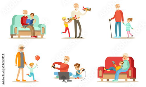 Grandpa And Grandma Spending Time with Their Grandchildren Set, Cute Boys And Girls Reading Books, Walking, Playing Computer Games, with their Grandparents Vector Illustration