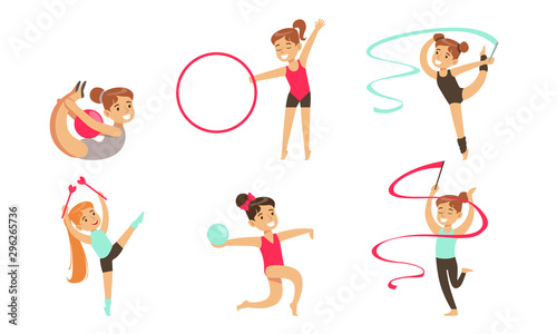 Gymnast Girls Performing Rhythmic Gymnastics Elements with Ball, Ribbon, Hoop Vector Illustration