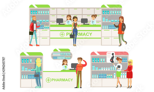 Pharmacy Modern Interior with Pharmacists and Shelves with Medicines, People Buying Medications at Drugstore Vector Illustration