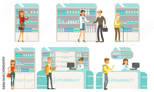 Pharmacy Modern Interior with Pharmacist and Shelves with Medicines, People Buying Medications at Drugstore Flat Vector Illustration