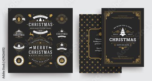 Christmas labels and badges vector design elements set with greeting card template.