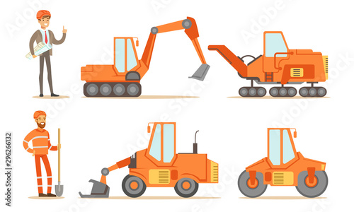 Road Construction Workers in Uniform and Industrial Machines, Bulldozer, Excavator, Tractor Set Vector Illustration