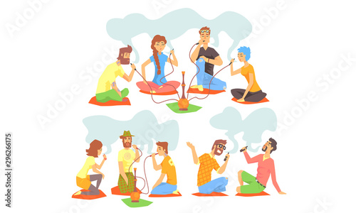 Friends Smoking Hookah and Electronic Cigarettes Set, Young Men and Women Sotting on the Floor and hatting Vector Illustration © topvectors