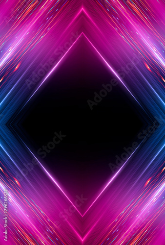 Abstract neon background with light lines and stripes, geometric shapes made of neon. Ayutrast light, scene, purple, pink neon. Abstract light tunnel, portal. Symmetric reflection, mirroring