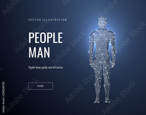 Male body low poly landing page template. Anatomy scientific web banner. 3d human model polygonal illustration. Man silhouette connection art homepage, website, webpage design layout