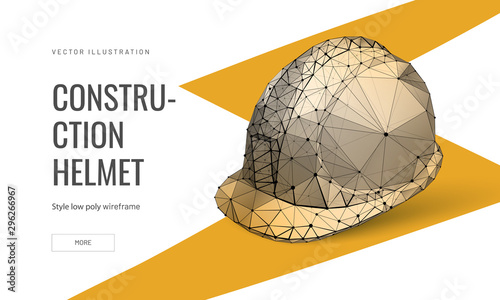 Construction helmet low poly landing page template. Labor protection and safety web banner. Hard hat polygonal illustration. Metal industry product, head protection item art homepage design layout