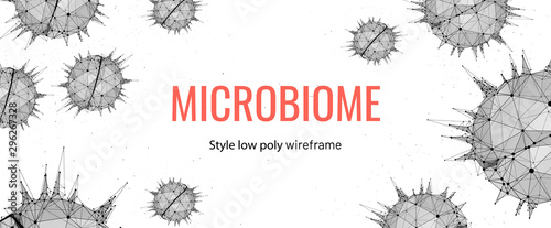 Microbiome low poly wireframe banner template. Medicine, biology science poster. 3d human microbiota polygonal illustration. Bacteria, microflora molecules, viruses, microbes mesh art