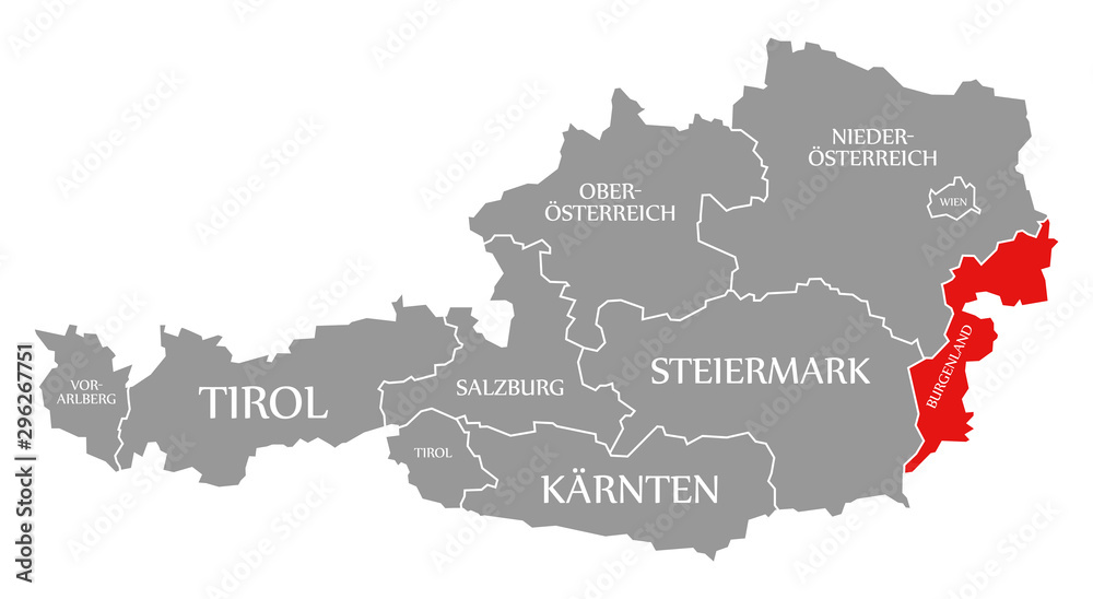 Burgenland red highlighted in map of Austria - obrazy, fototapety, plakaty 