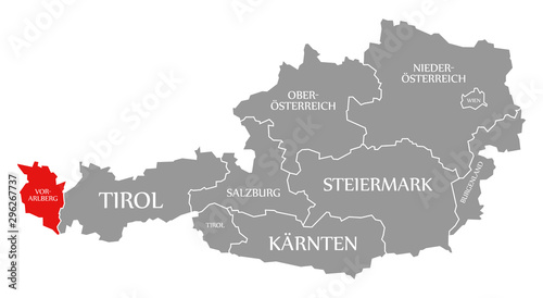 Schilderij op canvas Vorarlberg red highlighted in map of Austria