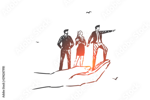 Business vision, teamwork, leadership concept sketch. Hand drawn isolated vector