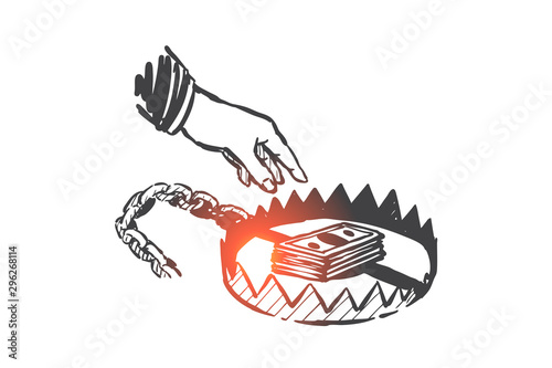 Businessman trap, illegal income, money fraud sketch. Hand drawn isolated vector