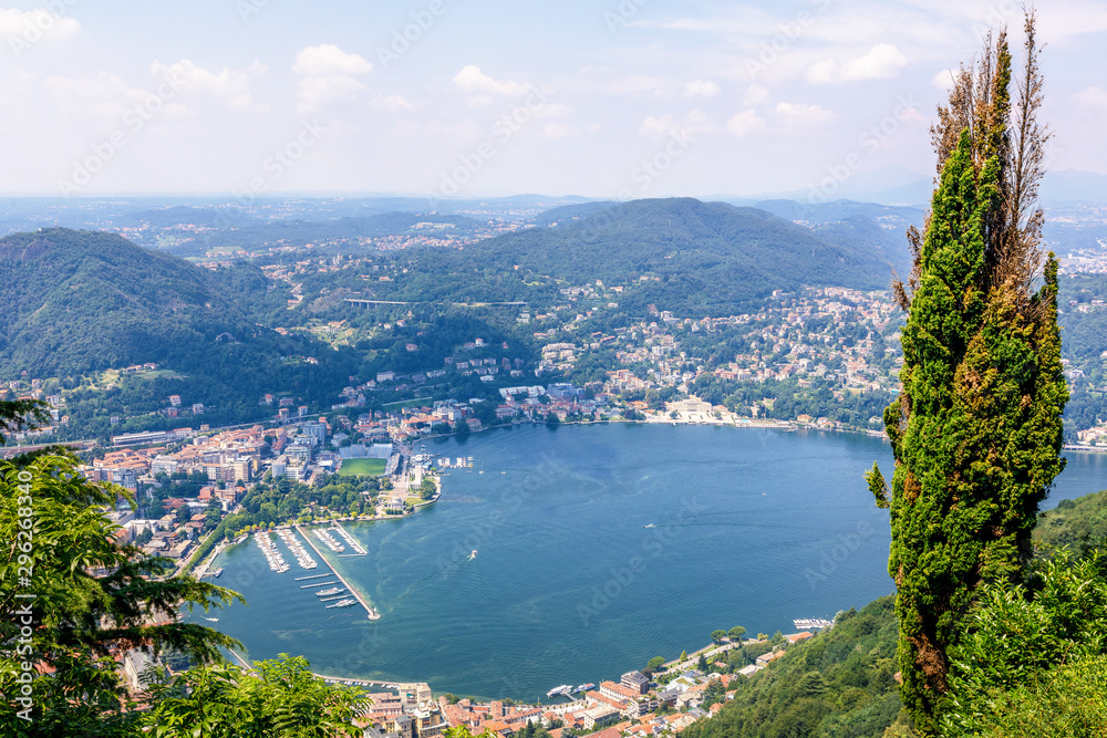 Panoramic view of Lake Como from top of the mountains view point, Italy