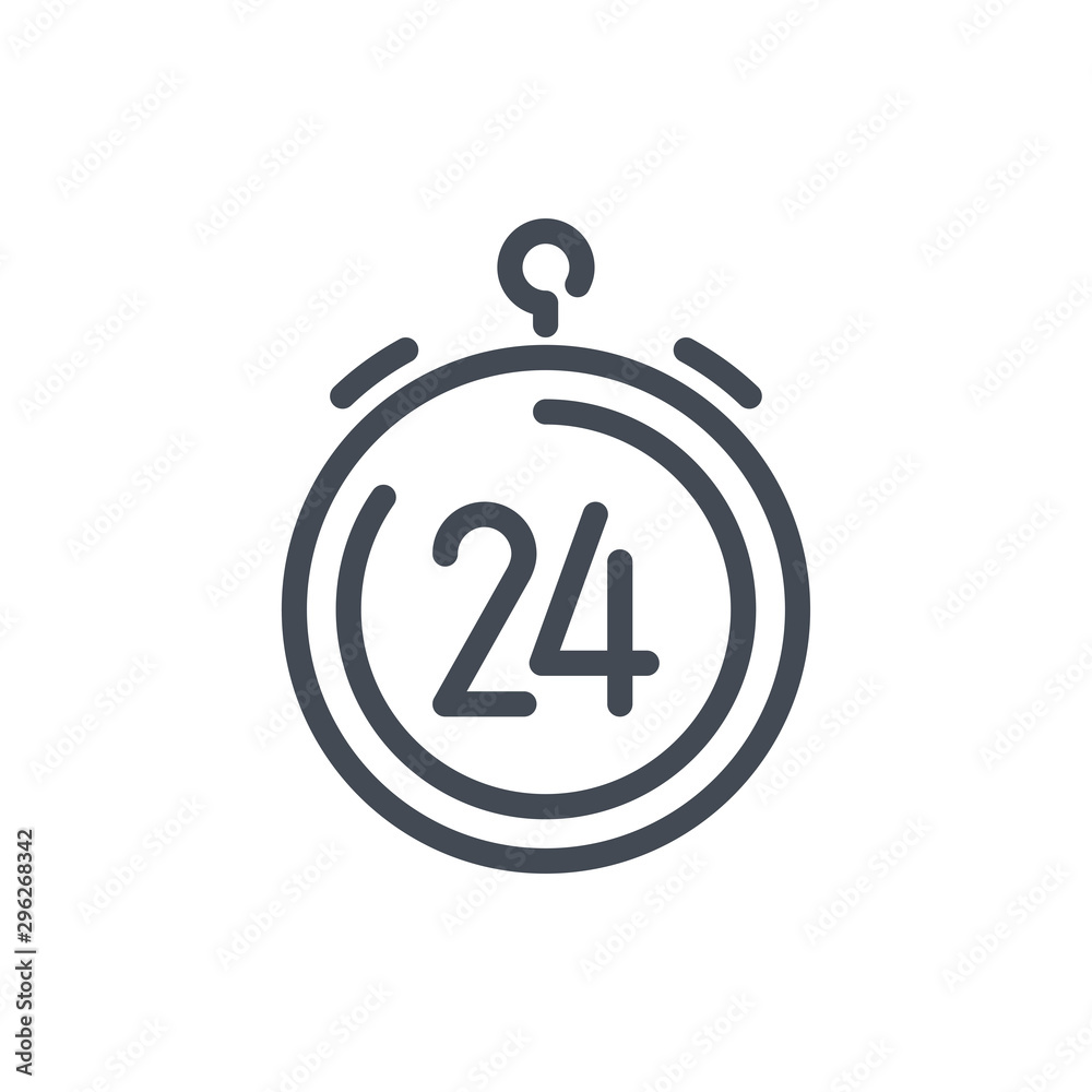 Timer countdown line icon. Stopwatch with 24 vector outline sign. Timer countdown line icon. Stopwatch with 24 vector outline sign.