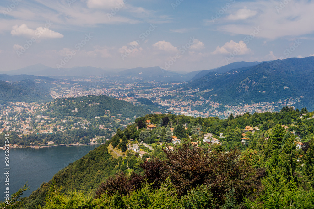 Panoramic view of Lake Como from top of the mountains view point, Italy