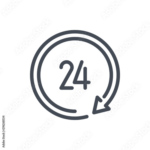 Clock with update arrow and 24 line icon. Repeat and refresh time vector outline sign.