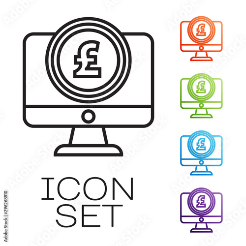 Black line Computer monitor with pound sterling symbol icon isolated on white background. Online shopping concept. Earnings in the Internet. Set icons colorful. Vector Illustration