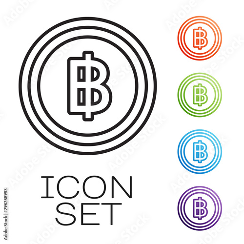 Black line Cryptocurrency coin Bitcoin icon isolated on white background. Blockchain technology, bitcoin, digital money market, cryptocoin wallet. Set icons colorful. Vector Illustration