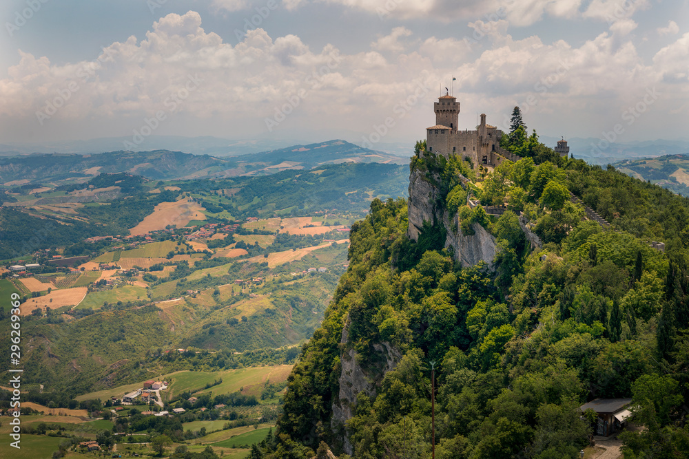 Panoramic view of Guaita Tower and rural area surrounded San Marino