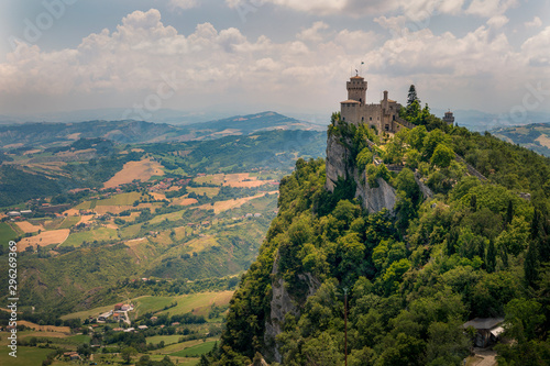 Panoramic view of Guaita Tower and rural area surrounded San Marino