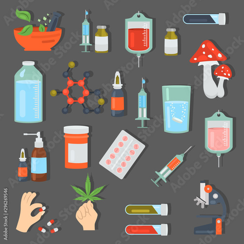 Pharmaceuticals color vector icons set. Flat design