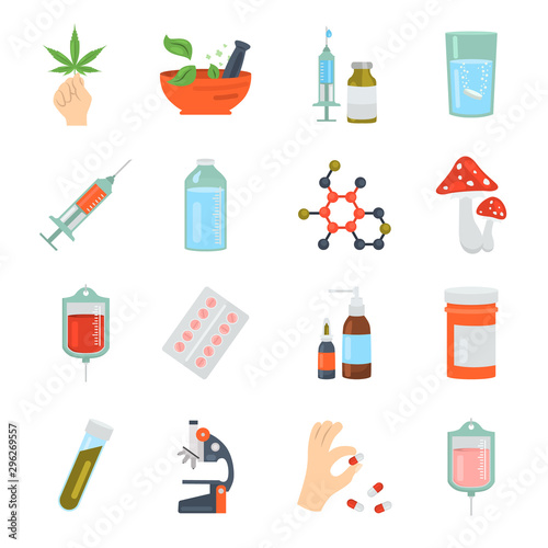 Pharmaceuticals color vector icons set. Flat design