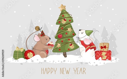 Christmas card with a cute mouse and festive elements. Vector illustration.