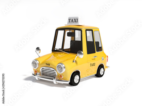 Cute stylized yellow cartoon taxicab with a taxi roof sign on a light background. 3d rendering car illustration. 3D illustration of Vintage Yellow Taxi isolated on white background.