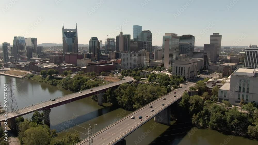 Aerial flyover of highways and river leading to downtown Nashville, Tennessee. Aerial flyover of highways and river leading to downtown Nashville, Tennessee.