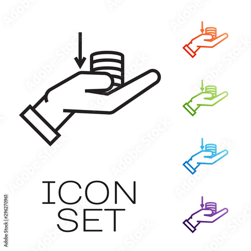 Black line Money on hand icon isolated on white background. Palm holds cash with down. Cash salary decrease. Set icons colorful. Vector Illustration