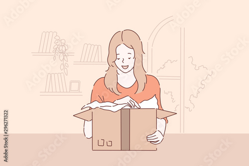 Unwrapping pleasant surprise, package delivery concept. Young girl unpacking cardboard parcel with delighted facial expression, customer opening box. Simple flat vector