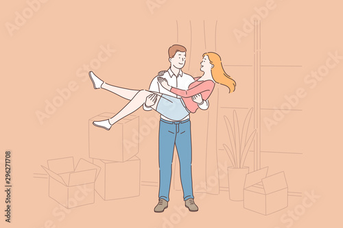 Happy moving, young couple living together, just married buying real estate concept. Boyfriend holding girlfriend in hands at new house, newlyweds relocating and have fun. Simple flat vector