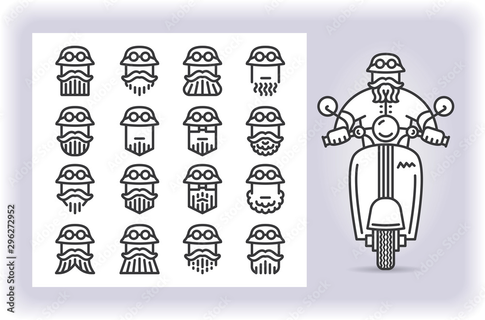 Redactable picture of person with mustache and beard wearing a helmet that riding by scooter and set of sixteen replaceable icons of that driver heads isolated on white. Emoji and avatars. Redactable picture of person with mustache and beard wearing a helmet that riding by scooter and set of sixteen replaceable icons of that driver heads isolated on white. Emoji and avatars.