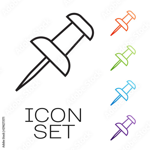 Black line Push pin icon isolated on white background. Thumbtacks sign. Set icons colorful. Vector Illustration