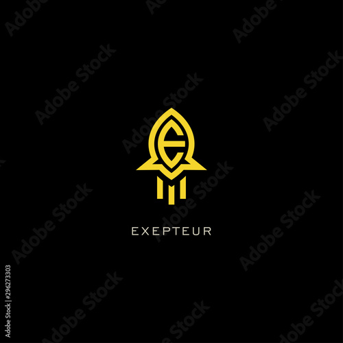 Initial E rocket logo design. Ship letter icon vector