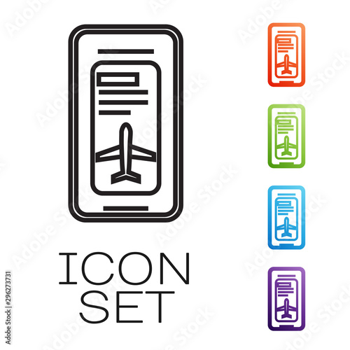 Black line Smartphone with electronic boarding pass airline ticket icon isolated on white background. Passenger plane mobile ticket for web and app. Set icons colorful. Vector Illustration