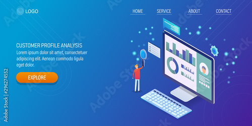 Know your customer, web profile of a customer, customer data analysis, 3d isometric concept with people. Landing page template, banner.