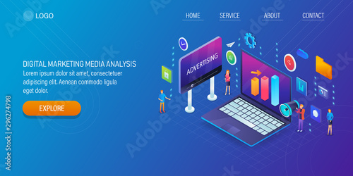 Digital marketing media technology, modern business solution, social media, content, data analysis, online advertising concept with character. 3d isometric design, web banner, template. © Sammby