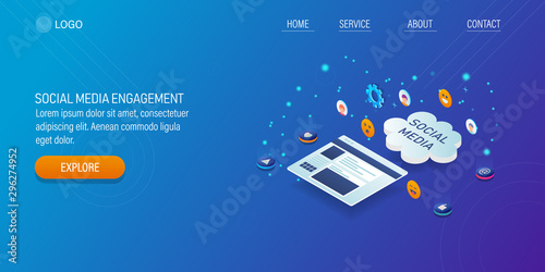 Social media, engaging content, digital marketing strategy, cloud management concept. 3d isometric landing page template, internet business technology banner. © Sammby