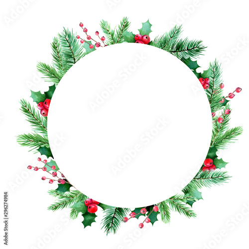 Watercolor round christmas winter frame.