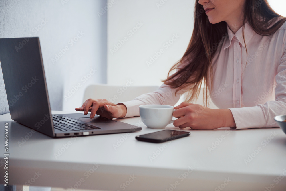 Ordinary day of freelancer. Young businesswoman with black hair in official clothes at her home Ordinary day of freelancer. Young businesswoman with black hair in official clothes at her home