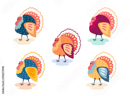 Turkey bird. Clipart. Thanksgiving day. Flat vector illustration. Different colors. Set. Design elements