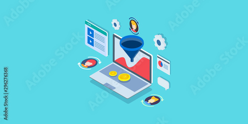 3d isometric design concept of conversion optimization, sales funnel strategy, customer analysis strategy, buyer persona development.  photo