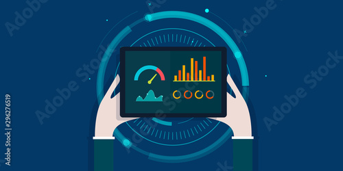 Flat design concept of kpi analytic, man holding tablet, kpi data showing on tablet screen, business analytic, application, marketing success metrics, key performance indicator.
