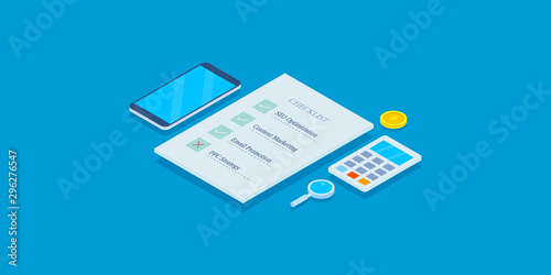 Marketing checklist, digital marketing cheat sheets for small business, marketing to do list for large organization concept, 3d isometric web banner template.