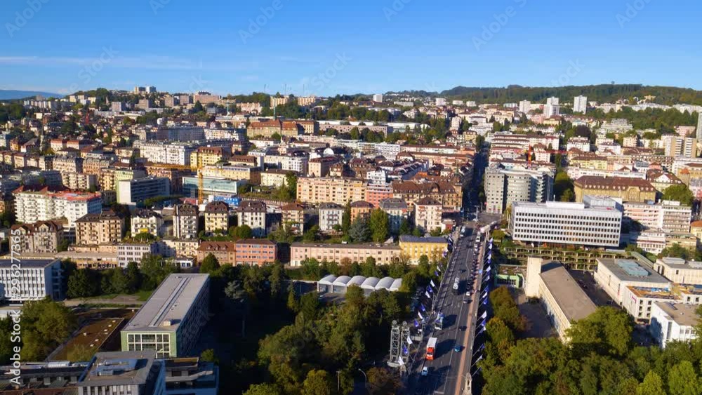 Aerial shot overflying Pont Chauderon in Lausanne city center, autumn sunset light, Switzerland. Helicopter aerial shot. Aerial shot overflying Pont Chauderon in Lausanne city center, autumn sunset light, Switzerland. Helicopter aerial shot.